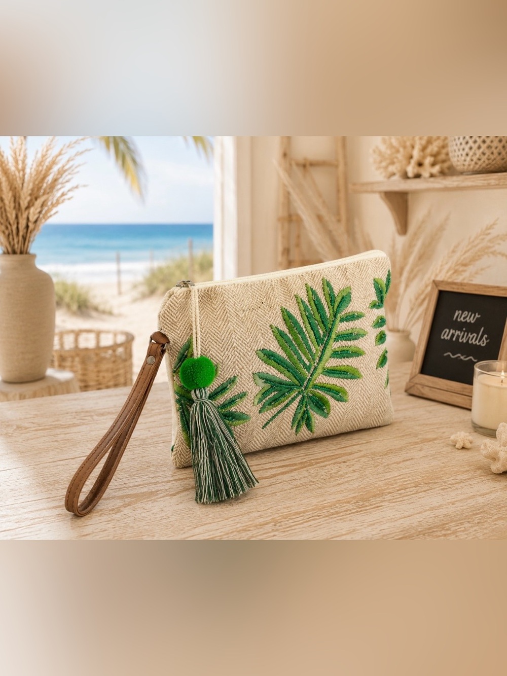 Palm Leaf Embroidered Wristlet Clutch in Natural and Green